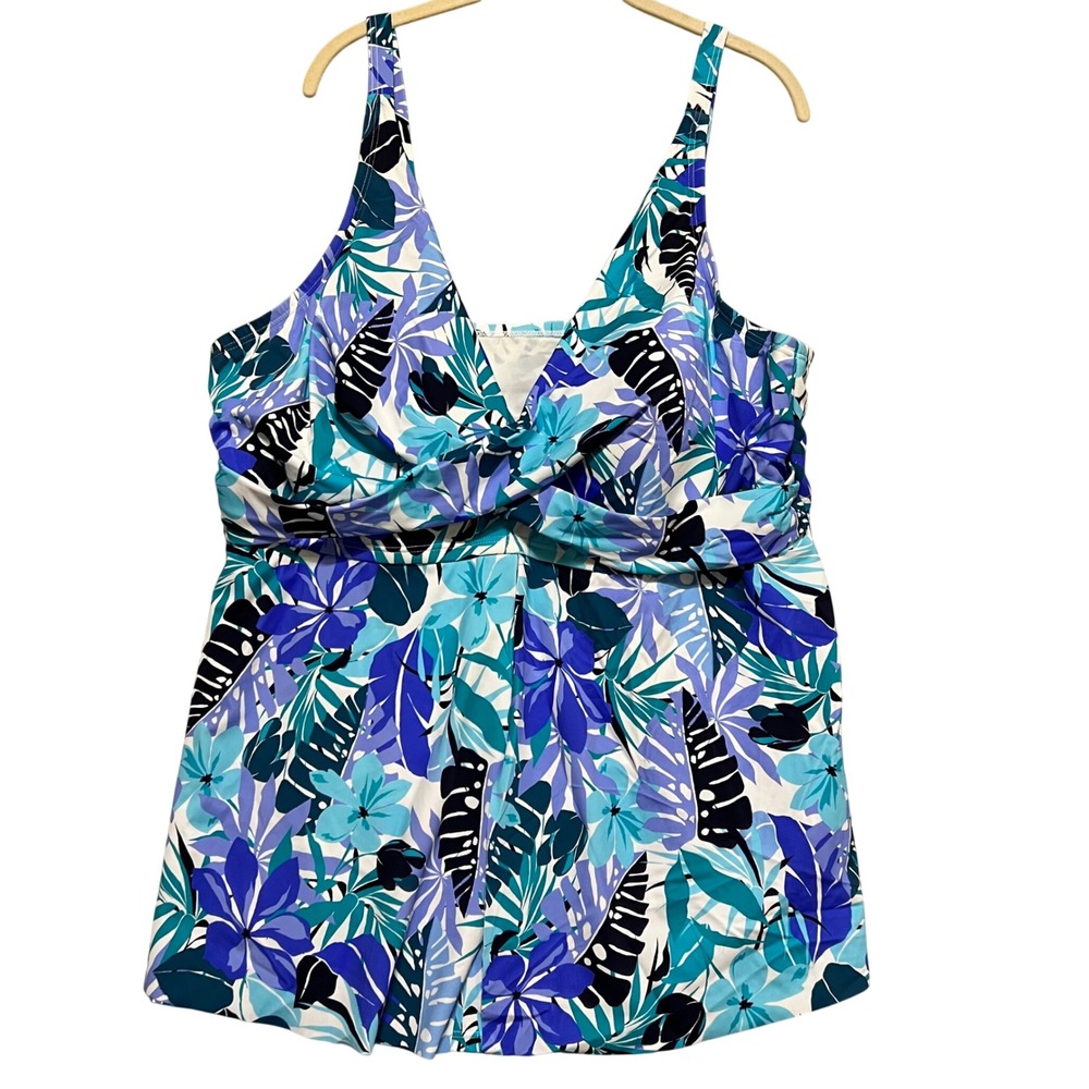 Swimsuits For All Blue Tropical Floral V-Neck Twist Tankini Top Plus Size 26